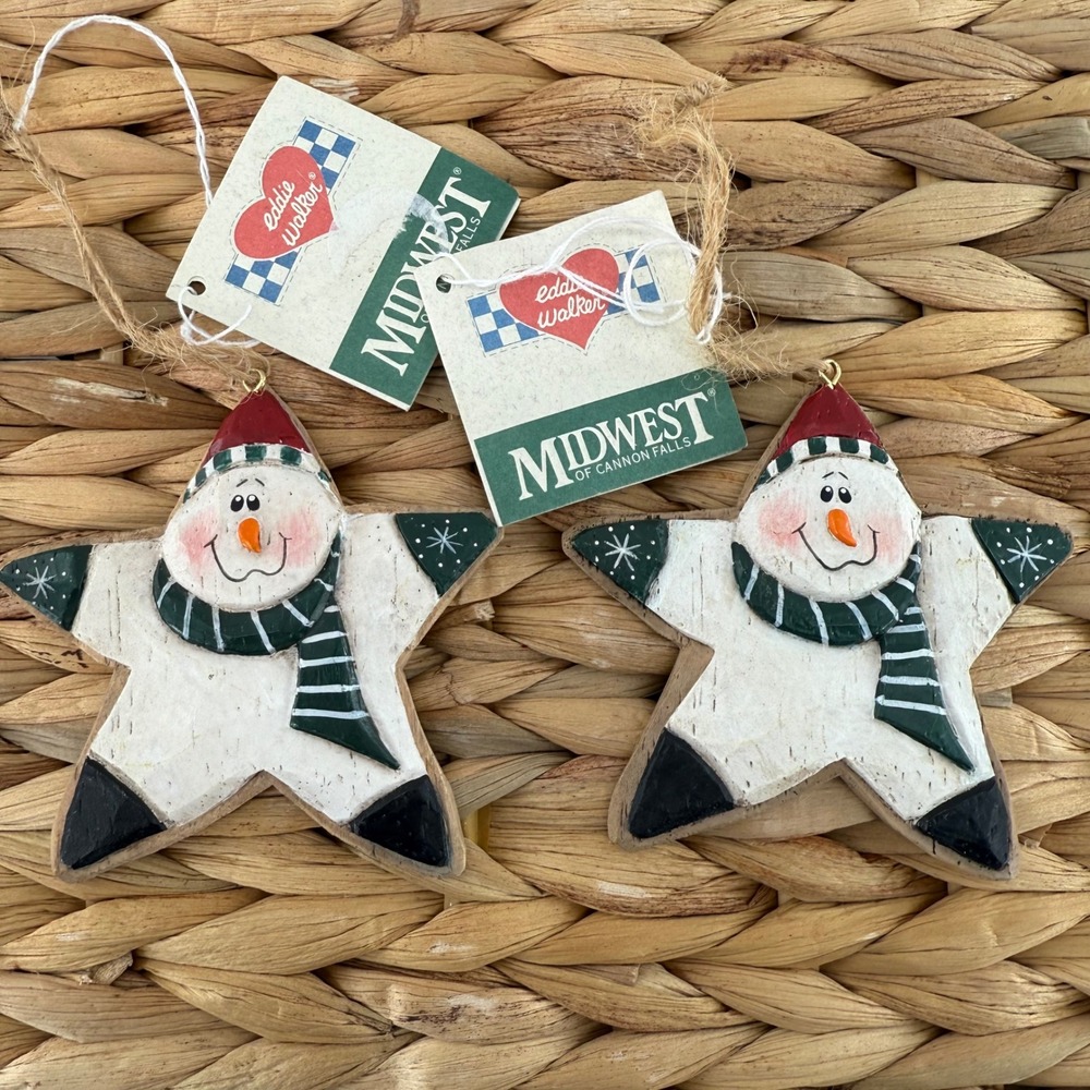 2 Midwest Cannon Falls Snowman Star Christmas Ornament Wood Hand Painted Rustic‎
